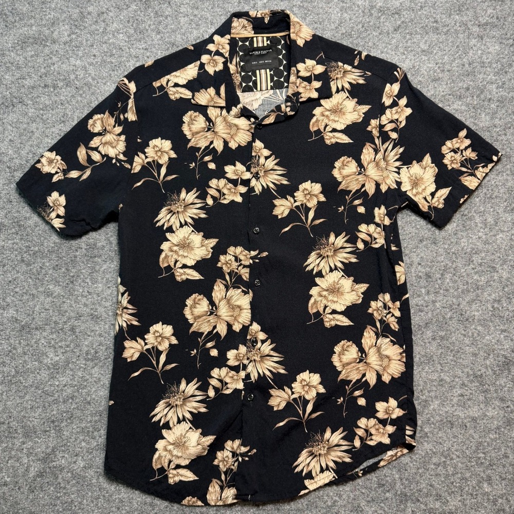 DENIM & FLOWER Mens Sm Black Tan Floral Viscose Short Sleeve Button Down Shirt